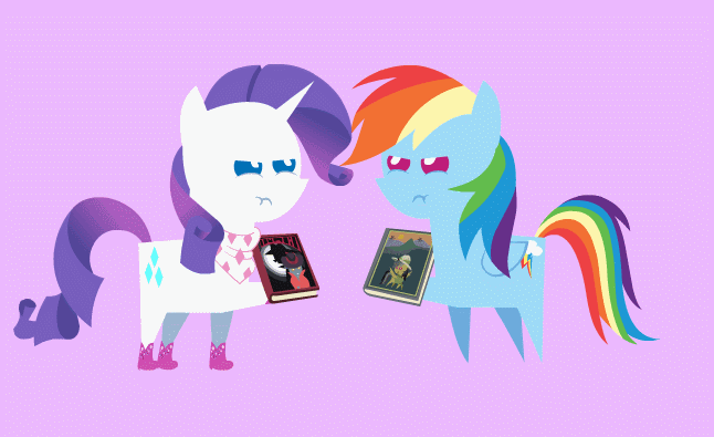 1812495__safe_artist-colon-agrol_rainbow+dash_rarity_the+end+in+friend_spoiler-colon-s08e17_angry_animated_book_daring+do+and+the+razor+of+dreams_femal.gif