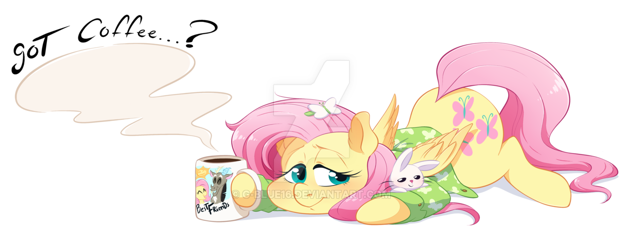 1815169__safe_artist-colon-g-dash-blue16_angel+bunny_fluttershy_clothes_coffee_coffee+mug_duo_female_folded+wings_hair+ornament_lidded+eyes_looking+at+.png