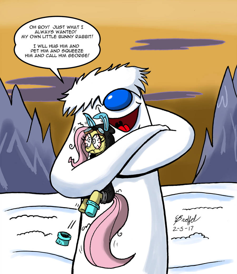 1965125__safe_artist-colon-cartoon-dash-eric_fluttershy_pony_yeti_abominable+snowman_bloodshot+eyes_bunny+ears_clothes_costume_crossover_dangerous+mission+outfi.jpg