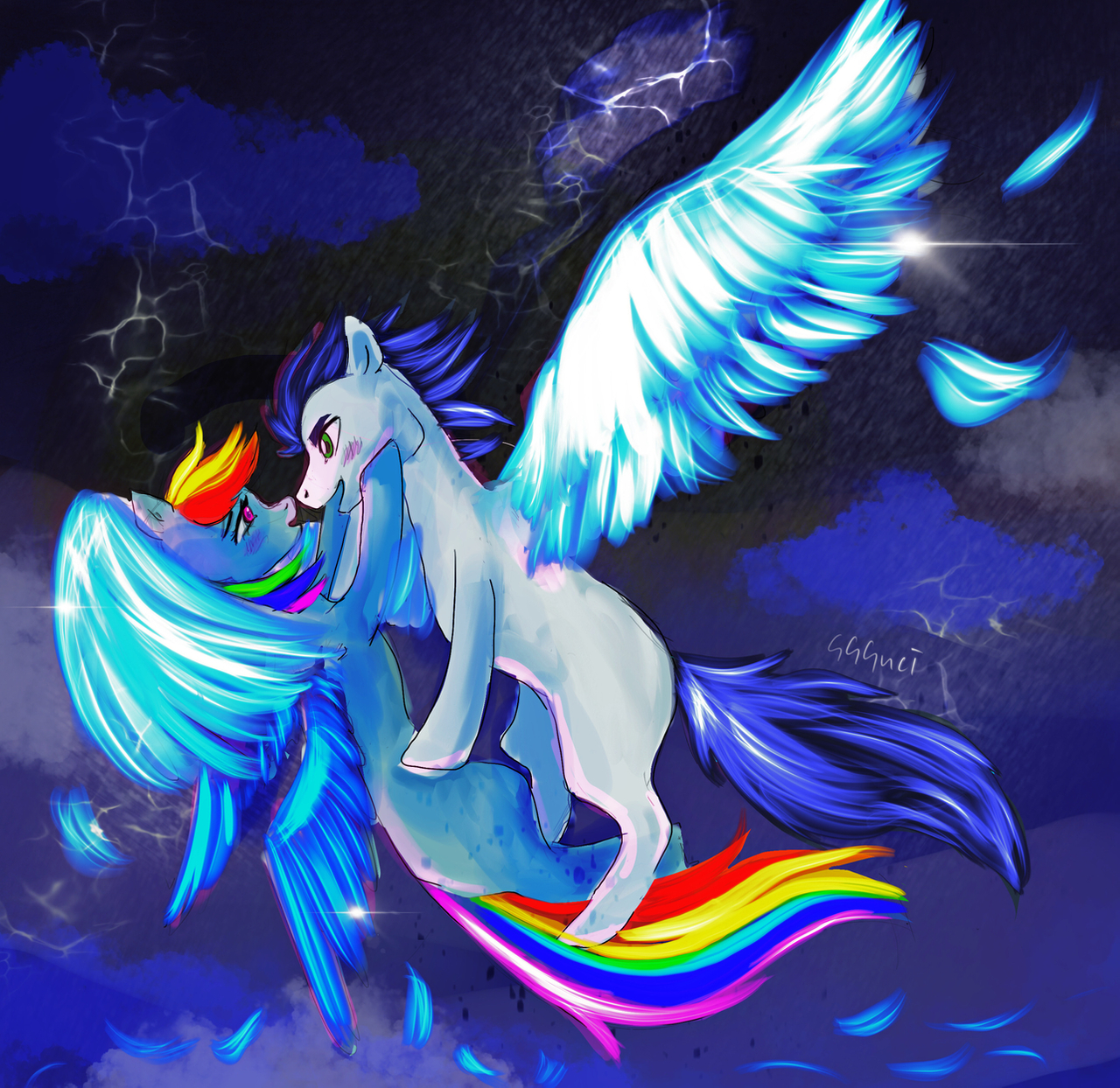 #2255923 - safe, artist:ggguci, rainbow dash, soarin', female, flying, male, missing cutie mark ...