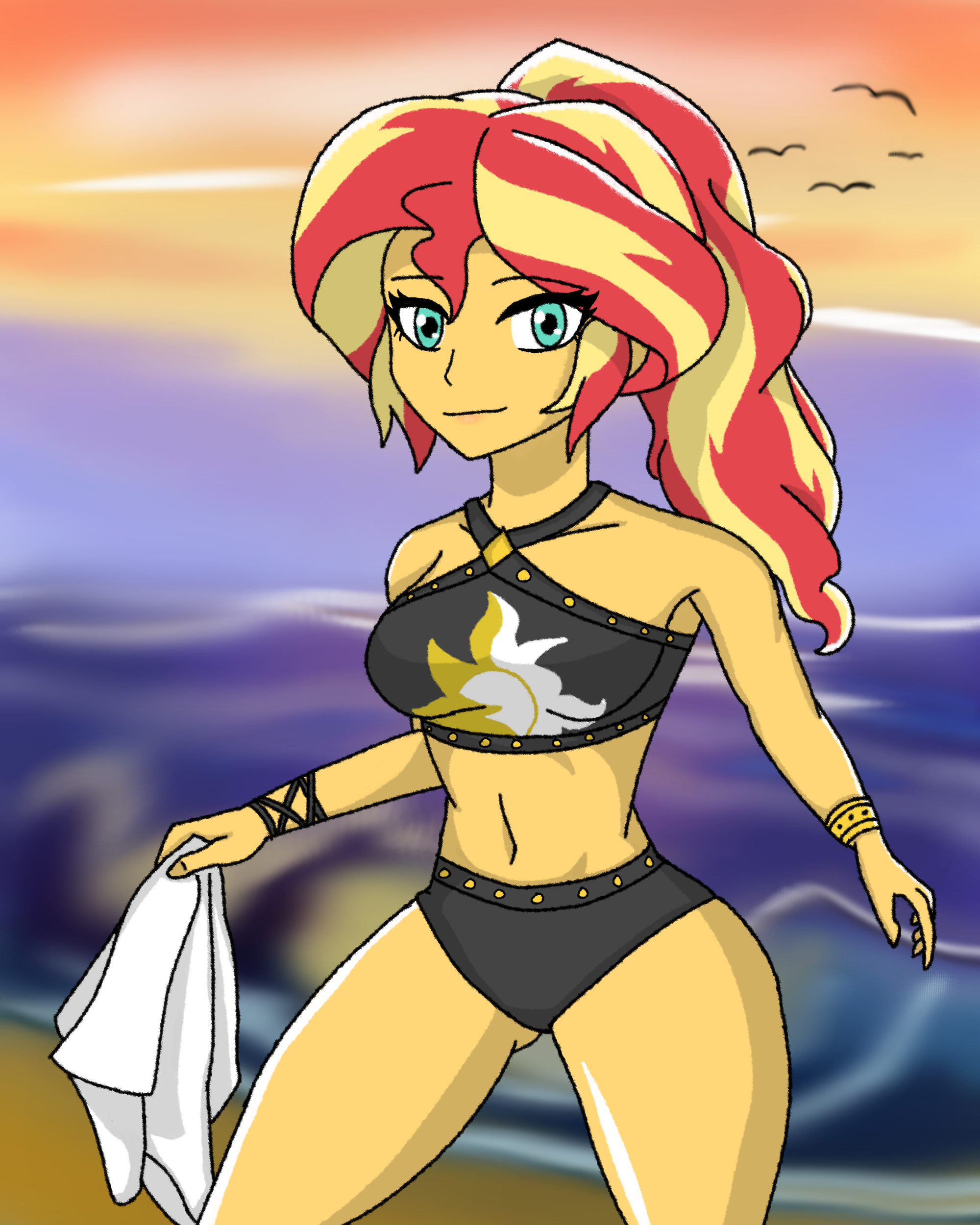 2737114__safe_artist-colon-artevi_sunset+shimmer_bird_human_equestria+girls_equestria+girls+series_forgotten+friendship_beach_beach+shorts+swimsuit_breasts_bust.png
