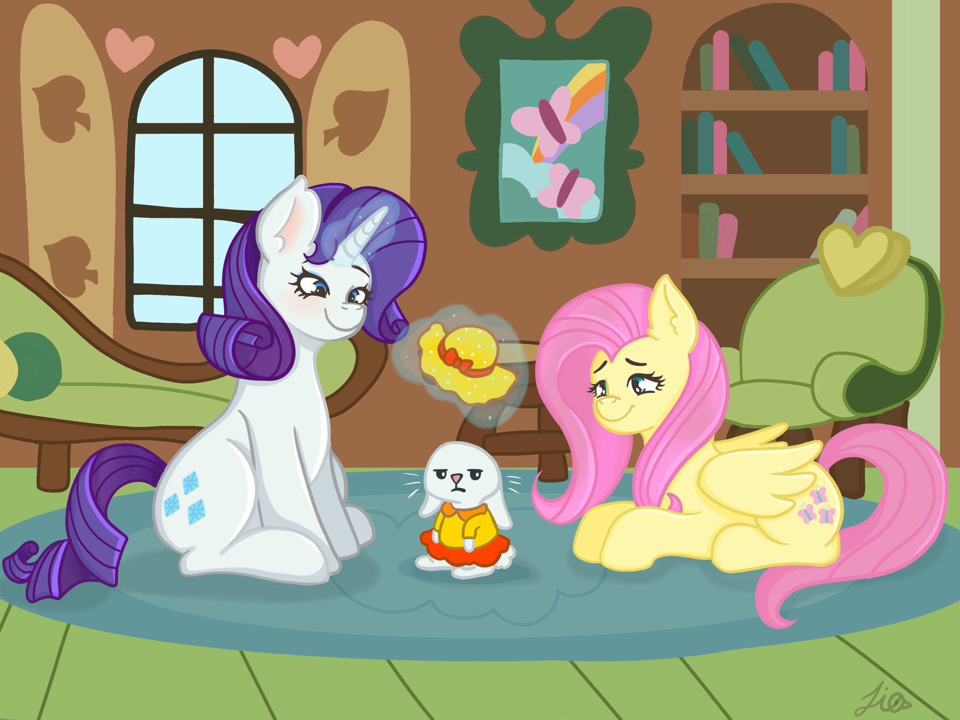 #3232036 - safe, artist:duckyia, angel bunny, applejack, fluttershy ...