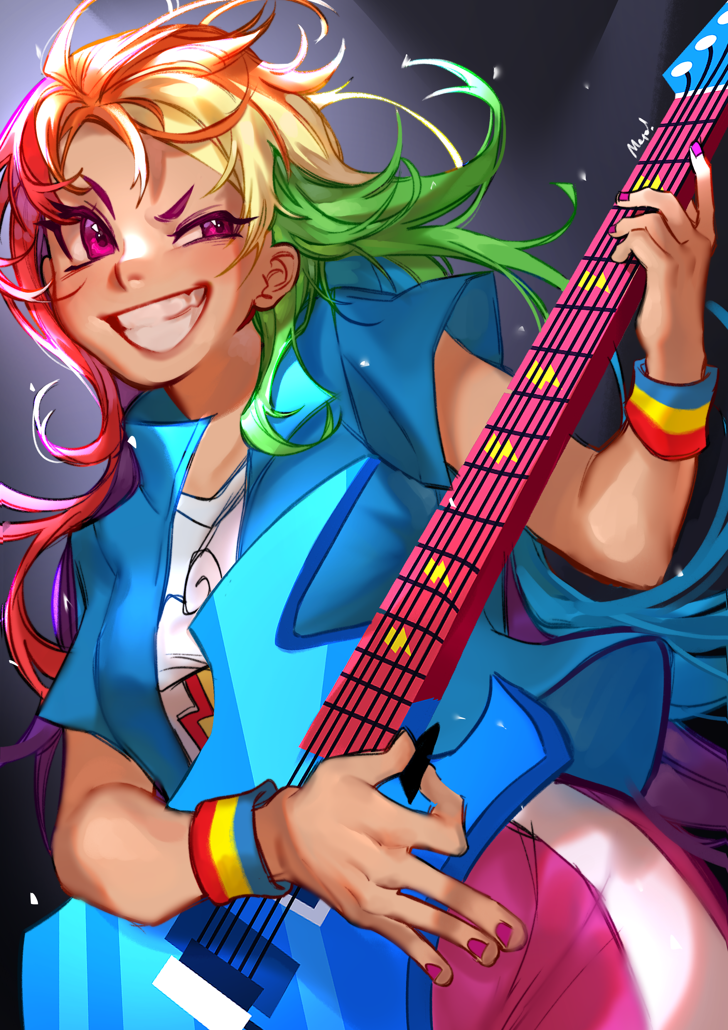 [electric guitar,human coloration,musical instrument,smiling,artist:moto-1024,dreamworks face,big grin,equestria girls,female,grin,guitar,high res,human,rainbow dash,safe,solo]