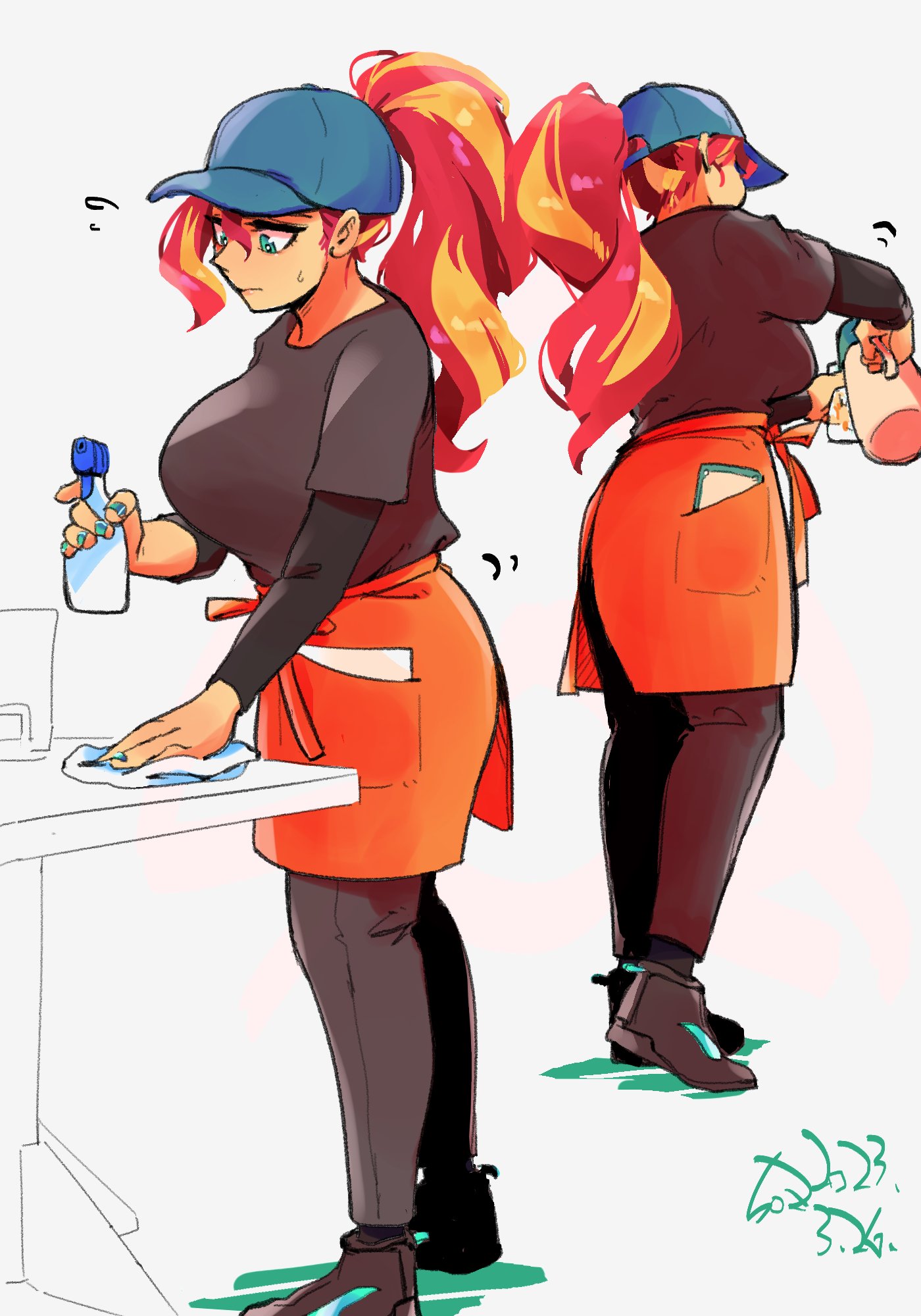 [big breasts,apron,baseball cap,breasts,cap,clothes,hat,human,ponytail,safe,shirt,simple background,solo,t-shirt,waitress,white background,huge breasts,sunset shimmer,busty sunset shimmer,artist:sozglitch,female,humanized]