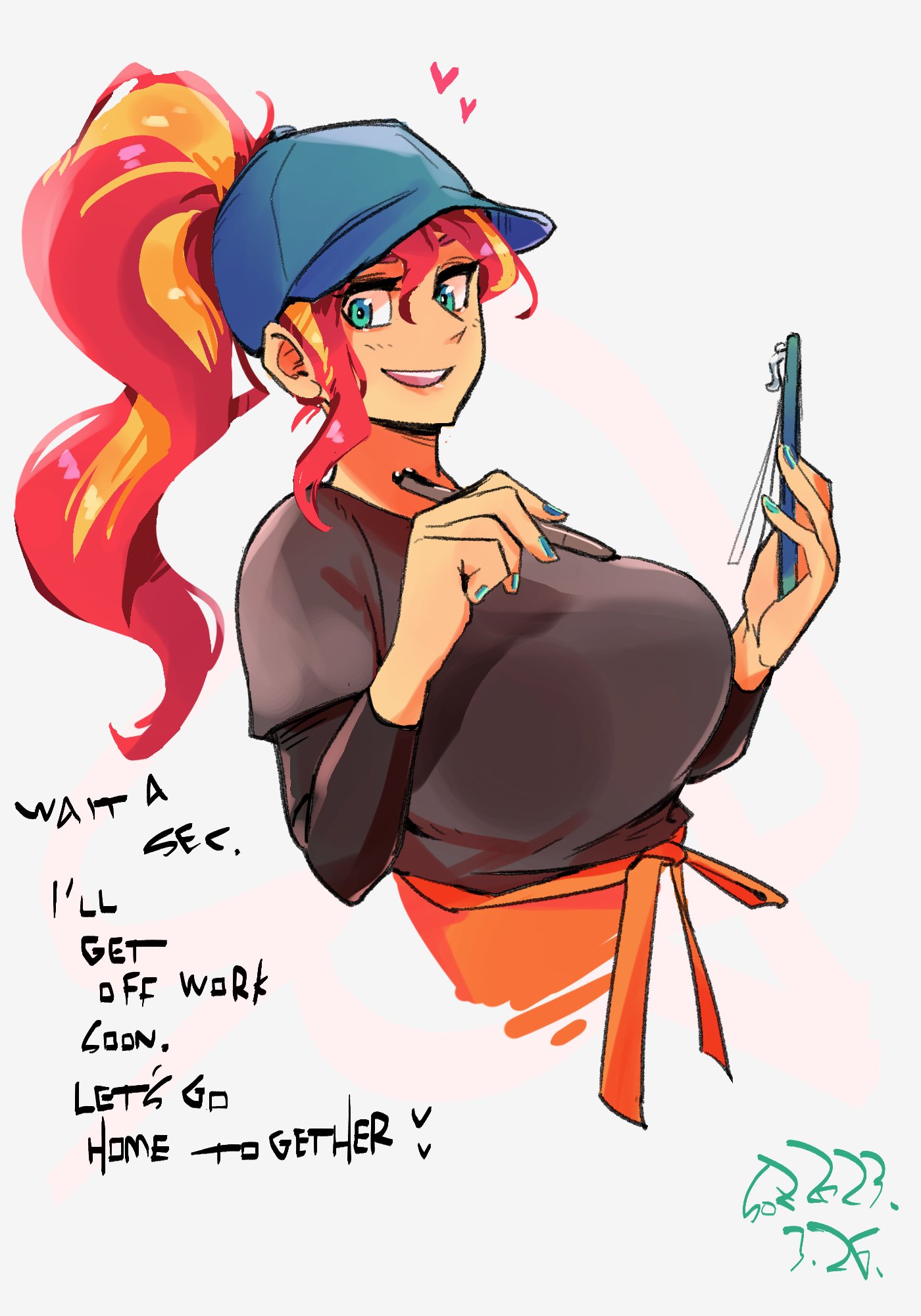 [human,looking at you,ponytail,safe,shirt,simple background,solo,t-shirt,waitress,white background,huge breasts,sunset shimmer,busty sunset shimmer,artist:sozglitch,talking to viewer,humanized,female,clipboard,big breasts,baseball cap,apron,clothes,breasts,cap,hat]