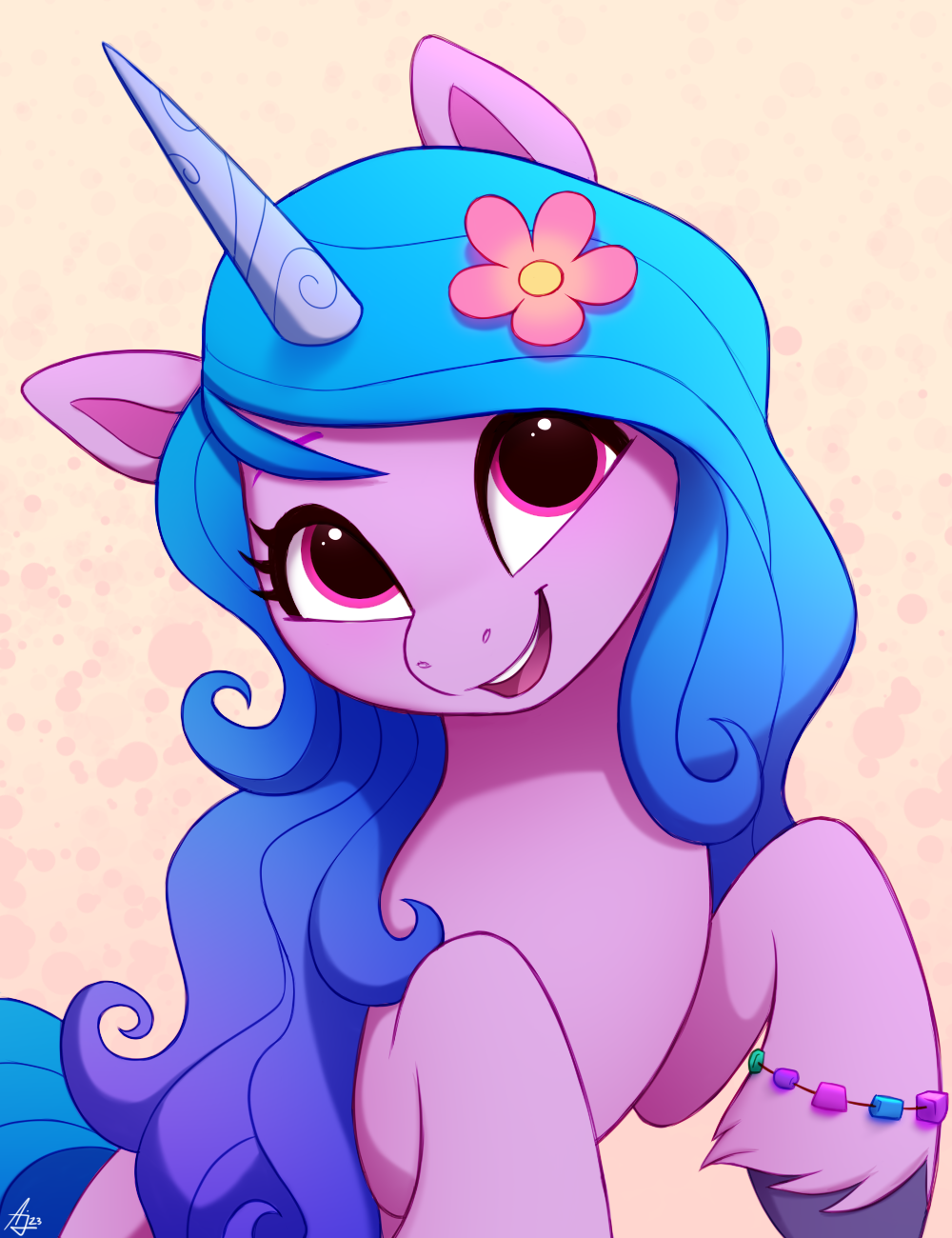 [signature,bracelet,bust,female,flower,flower in hair,g5,jewelry,mare,pony,safe,solo,unicorn,unshorn fetlocks,smiling,artist:luminousdazzle,izzy moonbow,cute,horn,open mouth,abstract background,open smile,izzybetes,friendship bracelet]