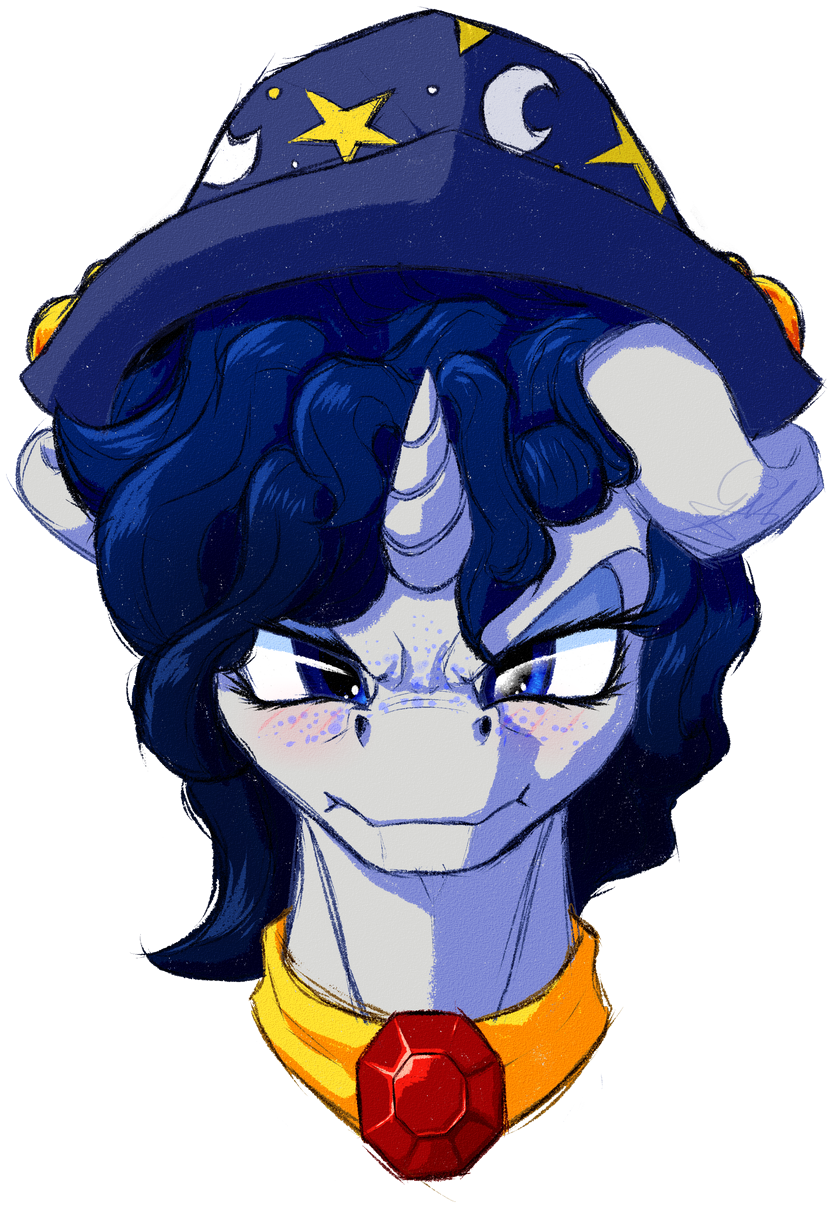 #3100527 - safe, oc, oc only, unicorn, blushing, bust, gem, hat ...