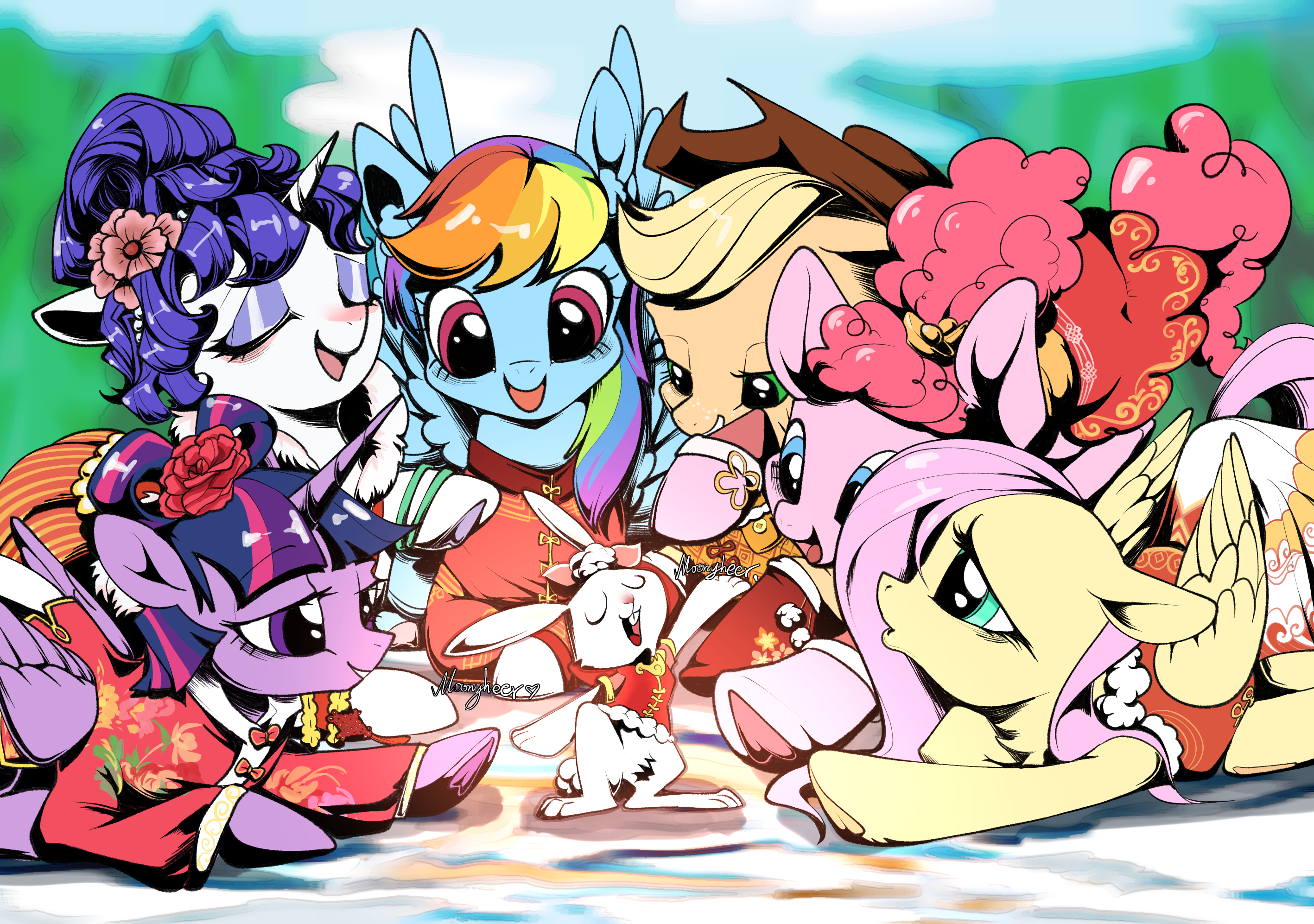 #3602954 - safe, artist:ninnn263, angel bunny, applejack, fluttershy ...